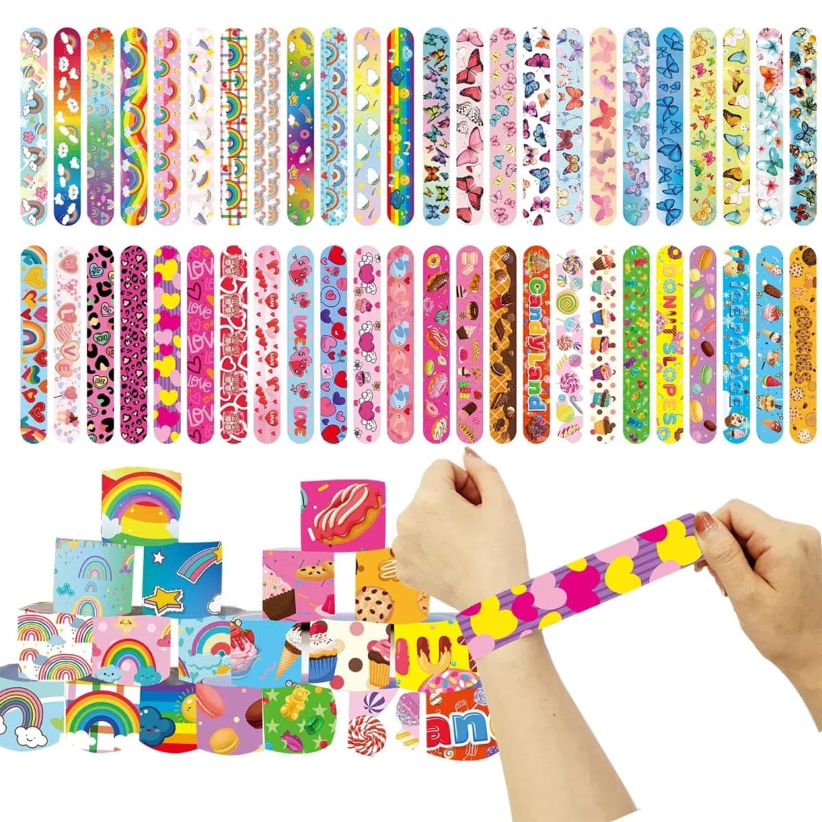 Slap Bracelets Party Favors 48Pcs Slap Bracelets Bulk Party Snap Bracelets Gifts for kids Butterflies,Space multi-themed School Classroom Prizes Exchange (A:Butterflies,Rainbows,Hearts,Desserts) thumbnail 4