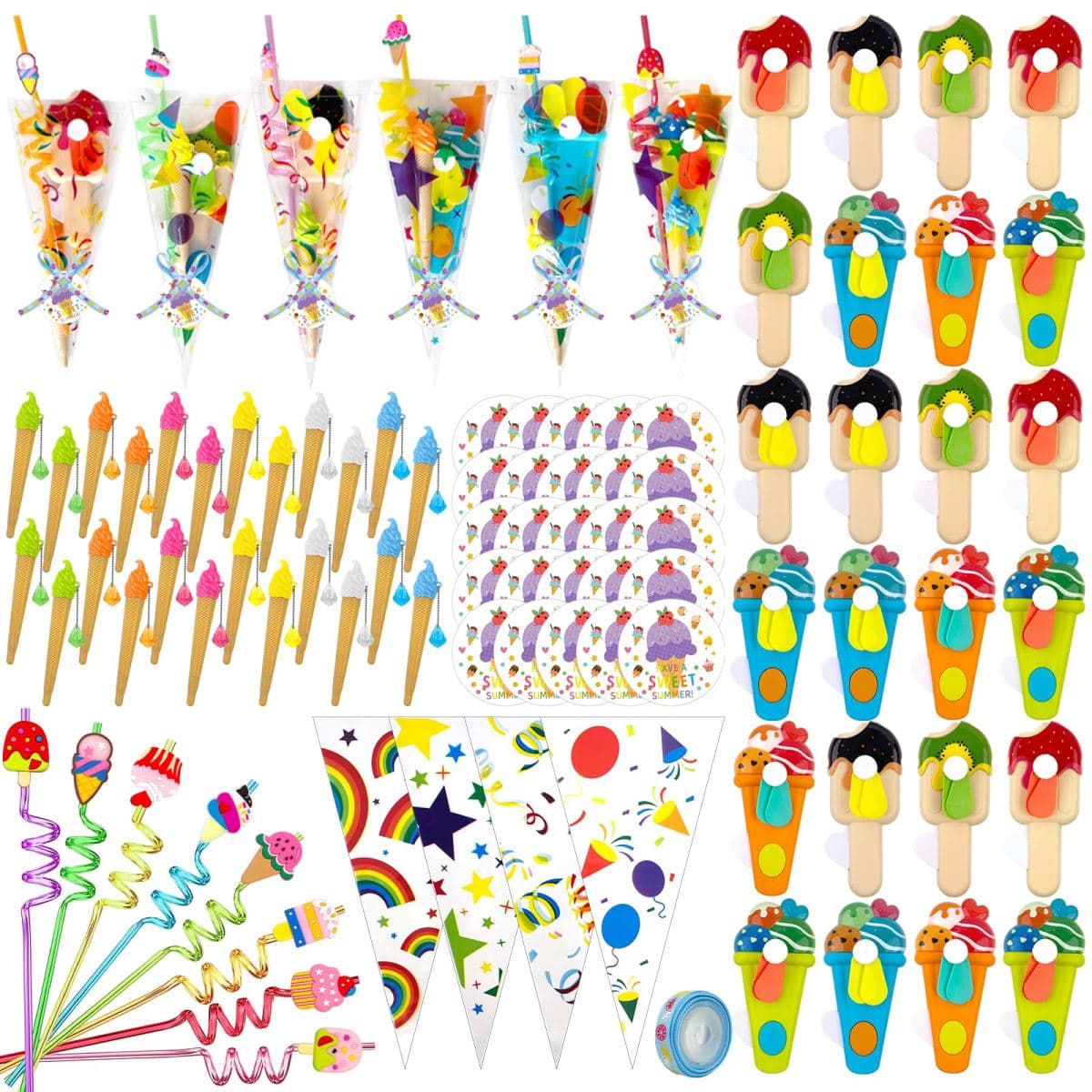 Jiytivity 121 Pcs Ice Cream School Year Gifts Ice Cream Party Favors Include Pen Straw Handheld Fan Card Ribbon Bag for Summer School End of Year Classroom Rewards Gifts Prizes Party Supplies — image 1