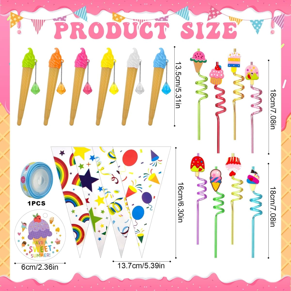 Jiytivity 121 Pcs Ice Cream School Year Gifts Ice Cream Party Favors Include Pen Straw Handheld Fan Card Ribbon Bag for Summer School End of Year Classroom Rewards Gifts Prizes Party Supplies thumbnail 2