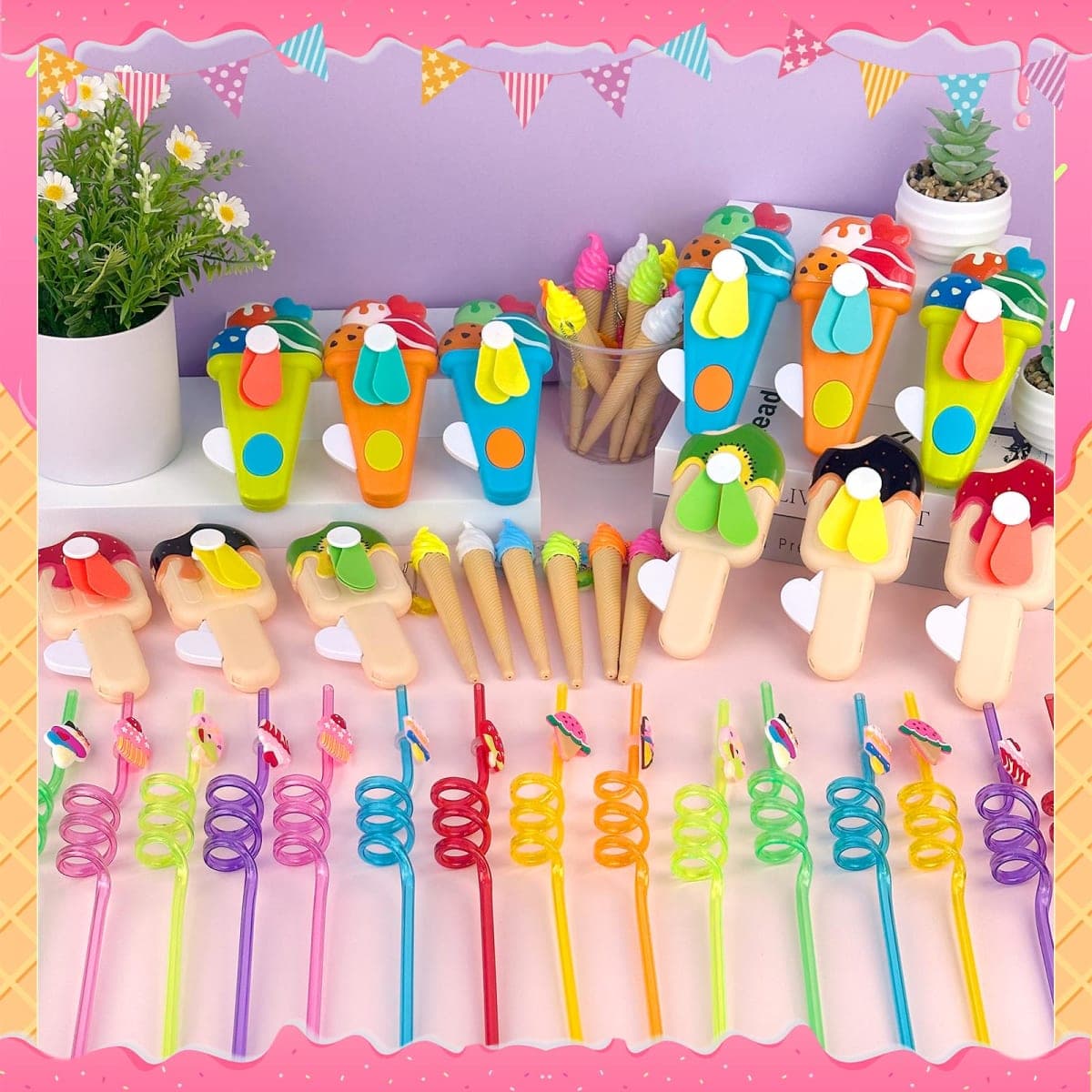 Jiytivity 121 Pcs Ice Cream School Year Gifts Ice Cream Party Favors Include Pen Straw Handheld Fan Card Ribbon Bag for Summer School End of Year Classroom Rewards Gifts Prizes Party Supplies thumbnail 4