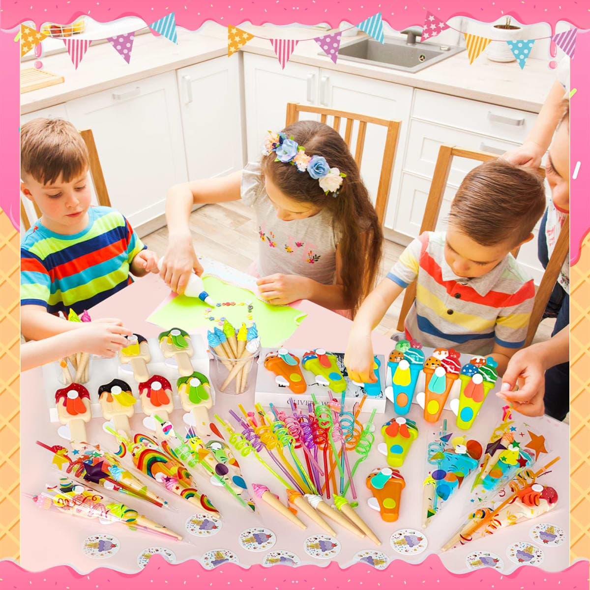 Jiytivity 121 Pcs Ice Cream School Year Gifts Ice Cream Party Favors Include Pen Straw Handheld Fan Card Ribbon Bag for Summer School End of Year Classroom Rewards Gifts Prizes Party Supplies thumbnail 5