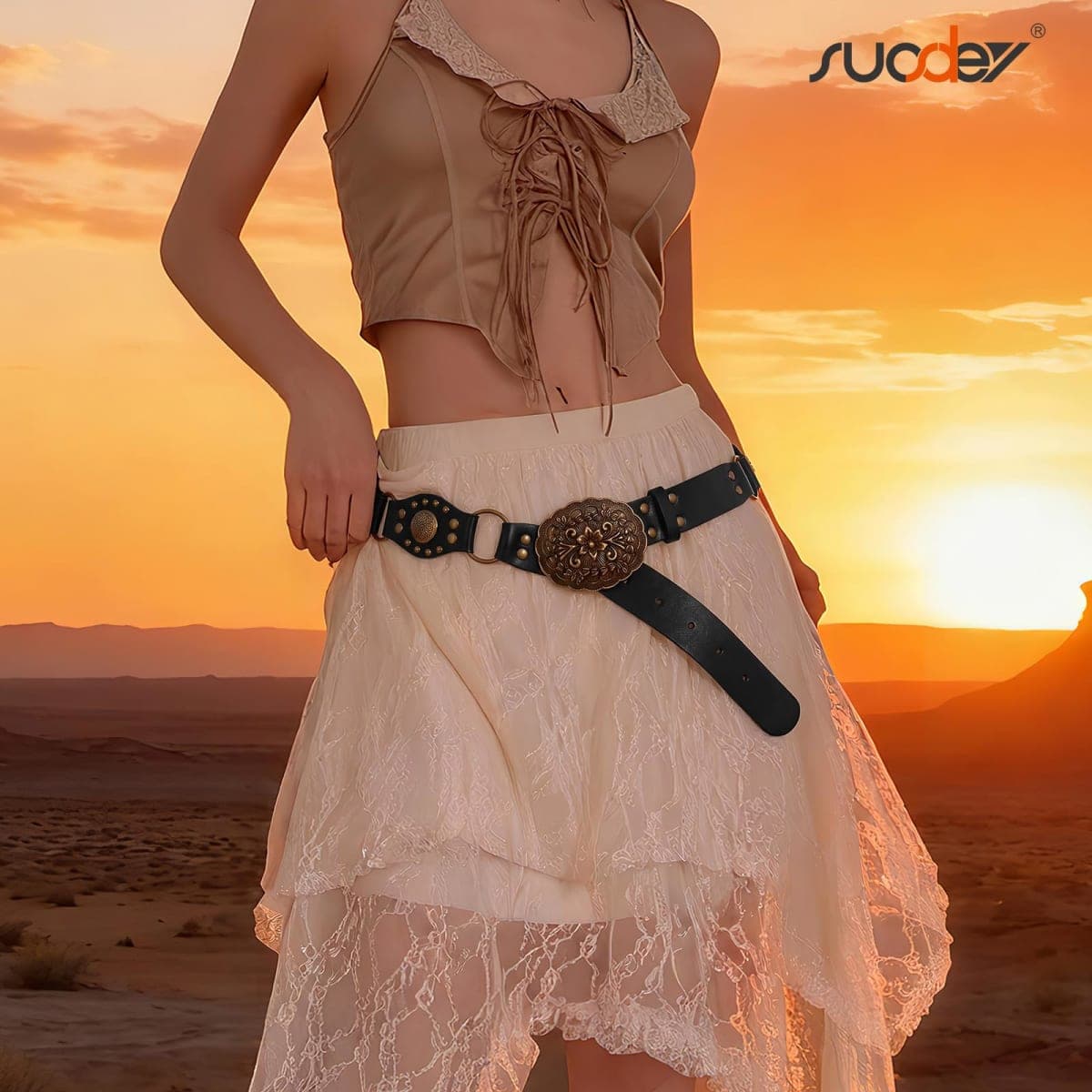 SUOSDEY Western Cowboy Cowgirl Belts for Men Women with Vintage Buckle, A-black-style a, Suitable waist size below 38" thumbnail 3