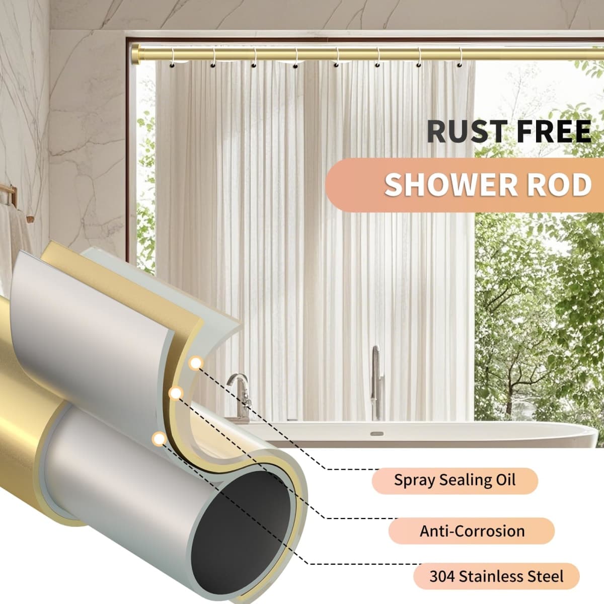 Emlaoe Gold Shower Curtain Rod 34-66 Inches(2.8-5.5ft) Never Rust Adjustable Shower Rod Spring Tension Non Slip No Drilling Shower Rods for Bathroom Garland Window thumbnail 3