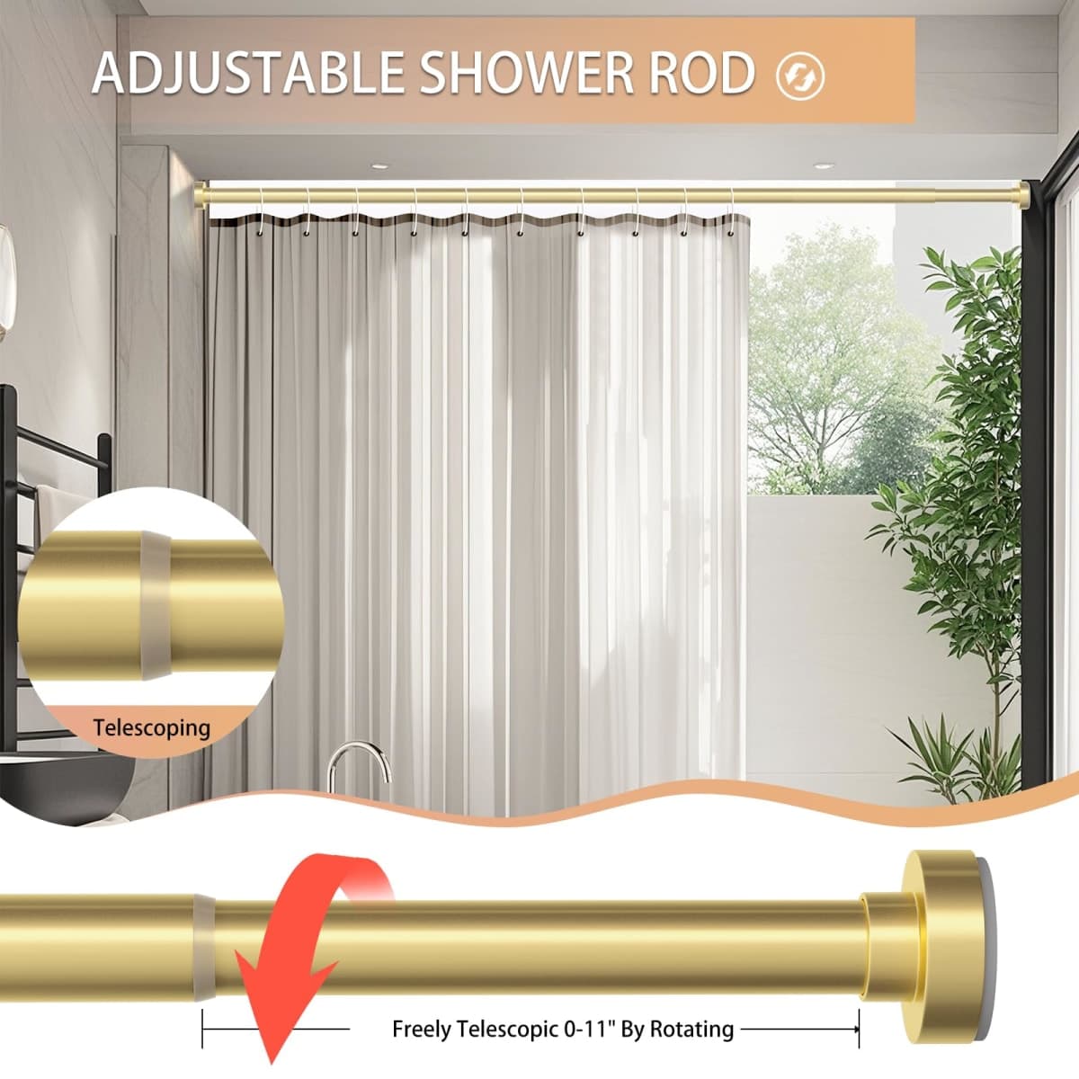 Emlaoe Gold Shower Curtain Rod 34-66 Inches(2.8-5.5ft) Never Rust Adjustable Shower Rod Spring Tension Non Slip No Drilling Shower Rods for Bathroom Garland Window thumbnail 4