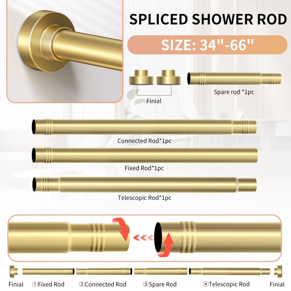 Emlaoe Gold Shower Curtain Rod 34-66 Inches(2.8-5.5ft) Never Rust Adjustable Shower Rod Spring Tension Non Slip No Drilling Shower Rods for Bathroom Garland Window thumbnail 5