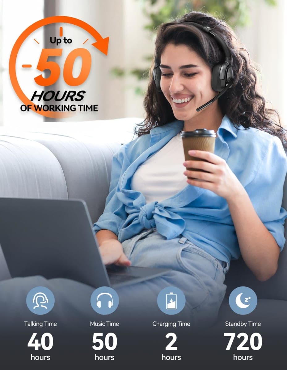 TECKNET Wireless Headset with Mic for Work, V6.0 Bluetooth Headset with AI Noise-Cancelling Microphone & USB-A Dongle, 50H Playtime & Mute, On-Ear Headphones for PC, Laptop, Phone, Office & Trucker thumbnail 2