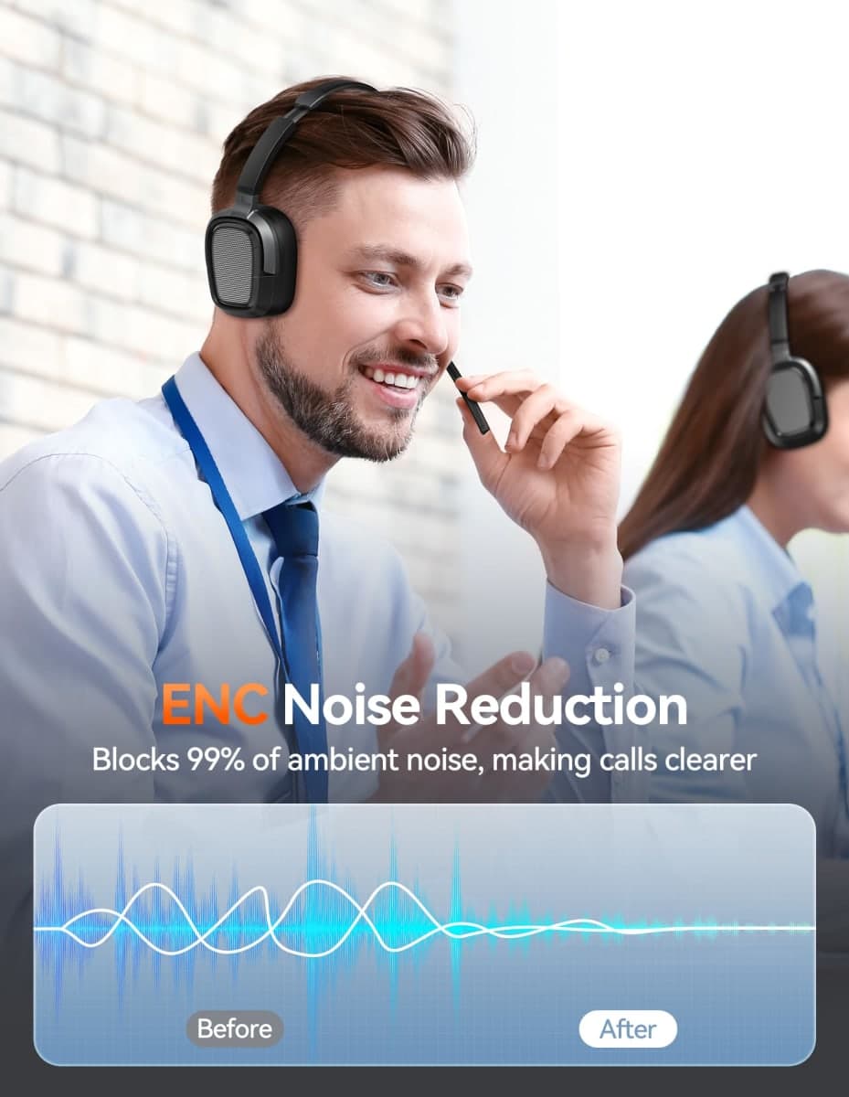 TECKNET Wireless Headset with Mic for Work, V6.0 Bluetooth Headset with AI Noise-Cancelling Microphone & USB-A Dongle, 50H Playtime & Mute, On-Ear Headphones for PC, Laptop, Phone, Office & Trucker thumbnail 3