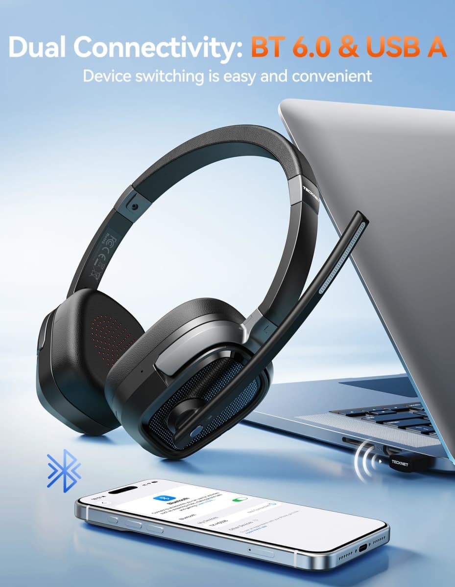 TECKNET Wireless Headset with Mic for Work, V6.0 Bluetooth Headset with AI Noise-Cancelling Microphone & USB-A Dongle, 50H Playtime & Mute, On-Ear Headphones for PC, Laptop, Phone, Office & Trucker thumbnail 4