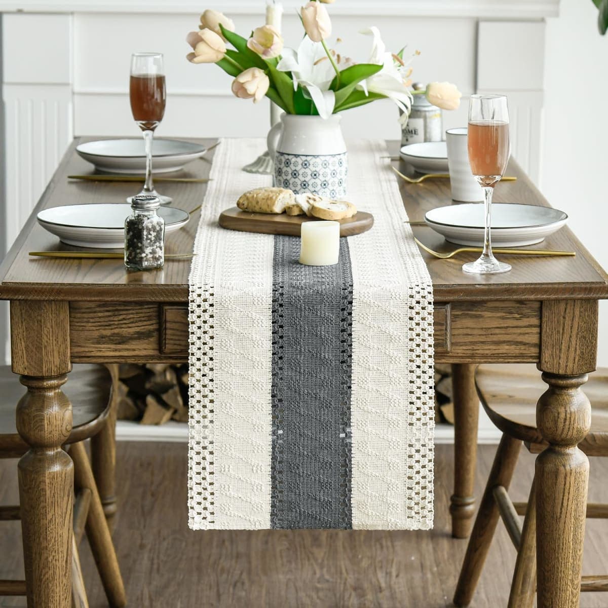 Artoid Mode Dark Grey Farmhouse Rustic Table Runner, Seasonal Holiday Hollow Kitchen Dining Table Decoration for Home Party Decor 12x90 Inch thumbnail 2
