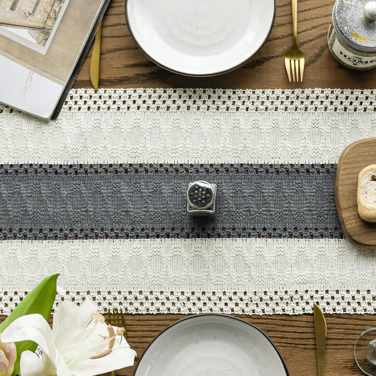Artoid Mode Dark Grey Farmhouse Rustic Table Runner, Seasonal Holiday Hollow Kitchen Dining Table Decoration for Home Party Decor 12x90 Inch thumbnail 3