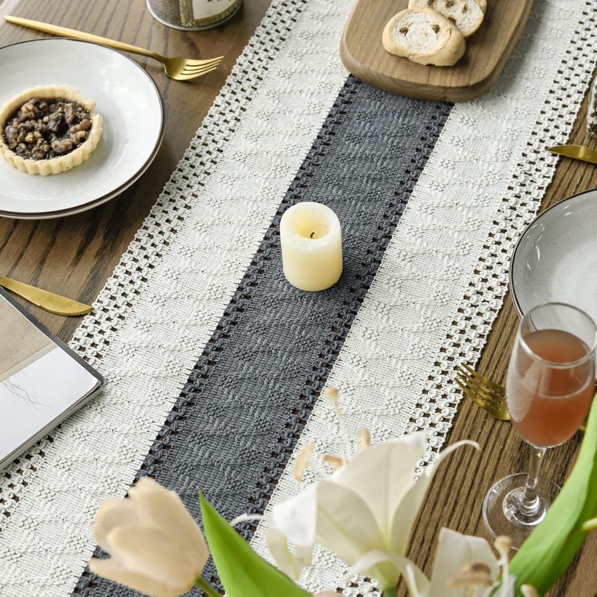 Artoid Mode Dark Grey Farmhouse Rustic Table Runner, Seasonal Holiday Hollow Kitchen Dining Table Decoration for Home Party Decor 12x90 Inch thumbnail 4