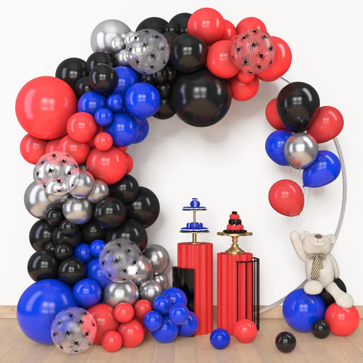 Amandir 153pcs Black Red Blue Balloon Arch Garland Kit, Different Sizes 18 12 10 5 inch Red Blue Sliver Spider Balloons for Boys Spider Theme Birthday Party Decorations thumbnail 2
