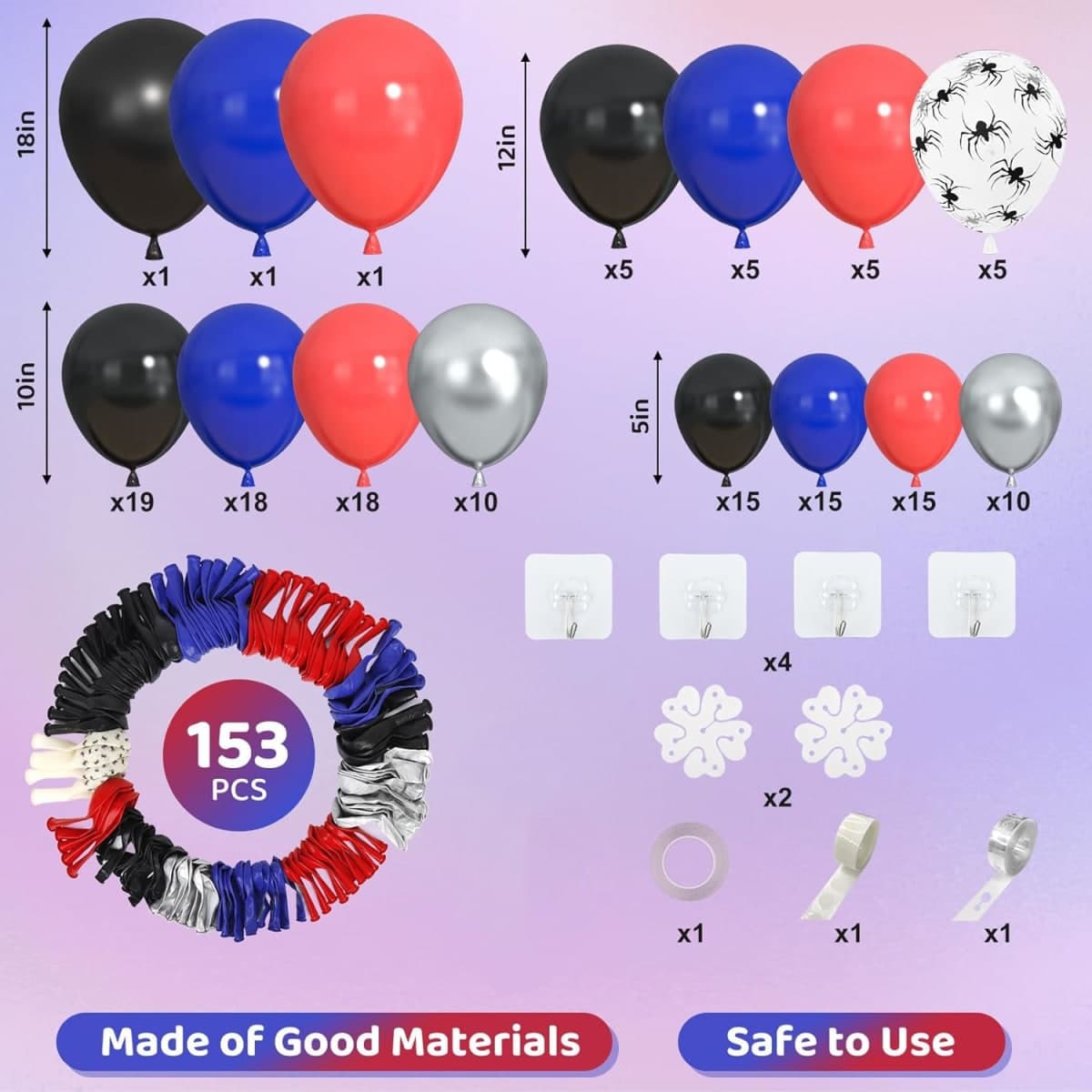 Amandir 153pcs Black Red Blue Balloon Arch Garland Kit, Different Sizes 18 12 10 5 inch Red Blue Sliver Spider Balloons for Boys Spider Theme Birthday Party Decorations thumbnail 3