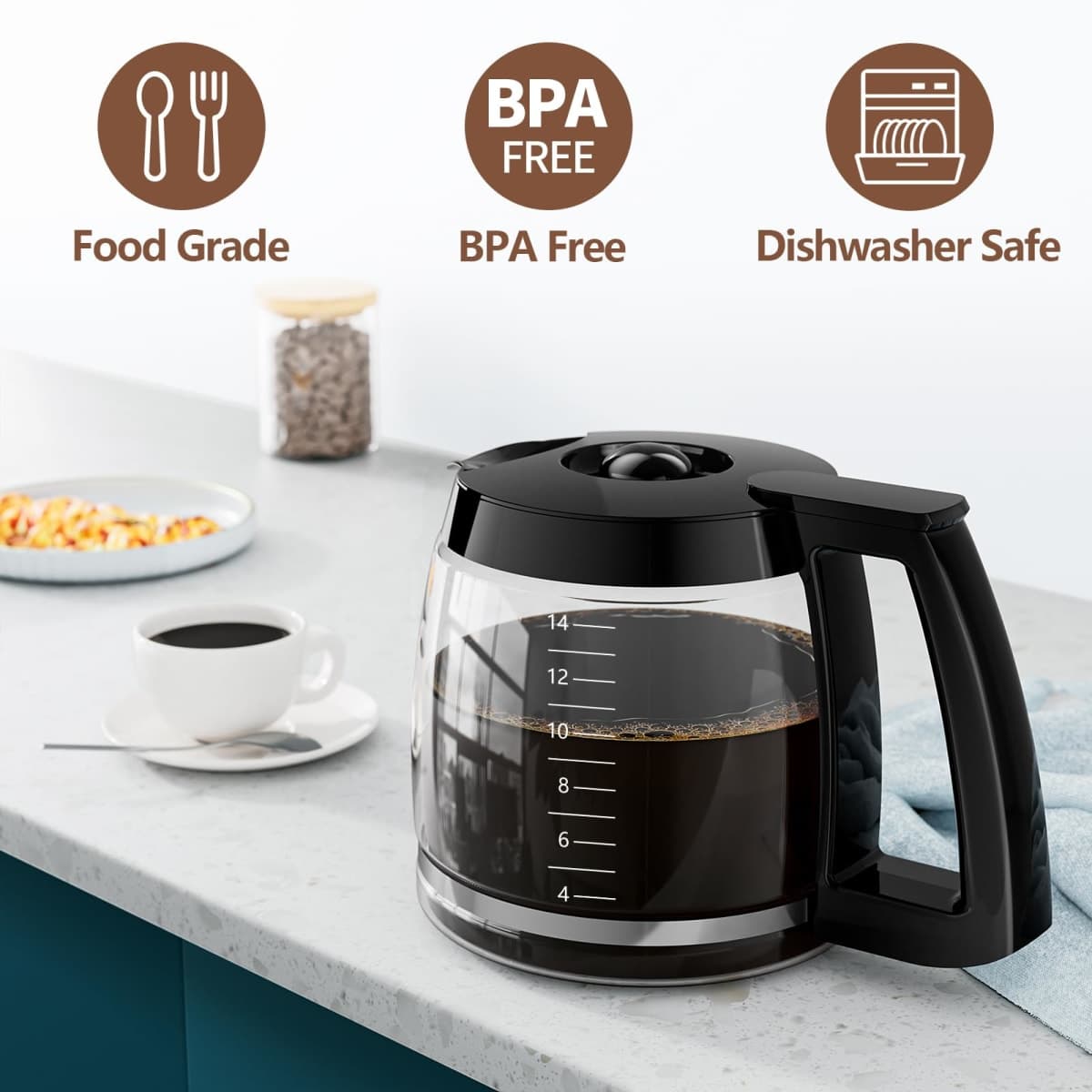 14-Cup Coffee Pot Replacement for Cuisinart Coffee Maker DCC-2200, DCC-2600, DCC-2800, DCC-3200, and DCC-3200P1, Glass Carafe Replacement for Cuisinart with Sturdy Handle, BPA Free, Dishwasher Safe thumbnail 3