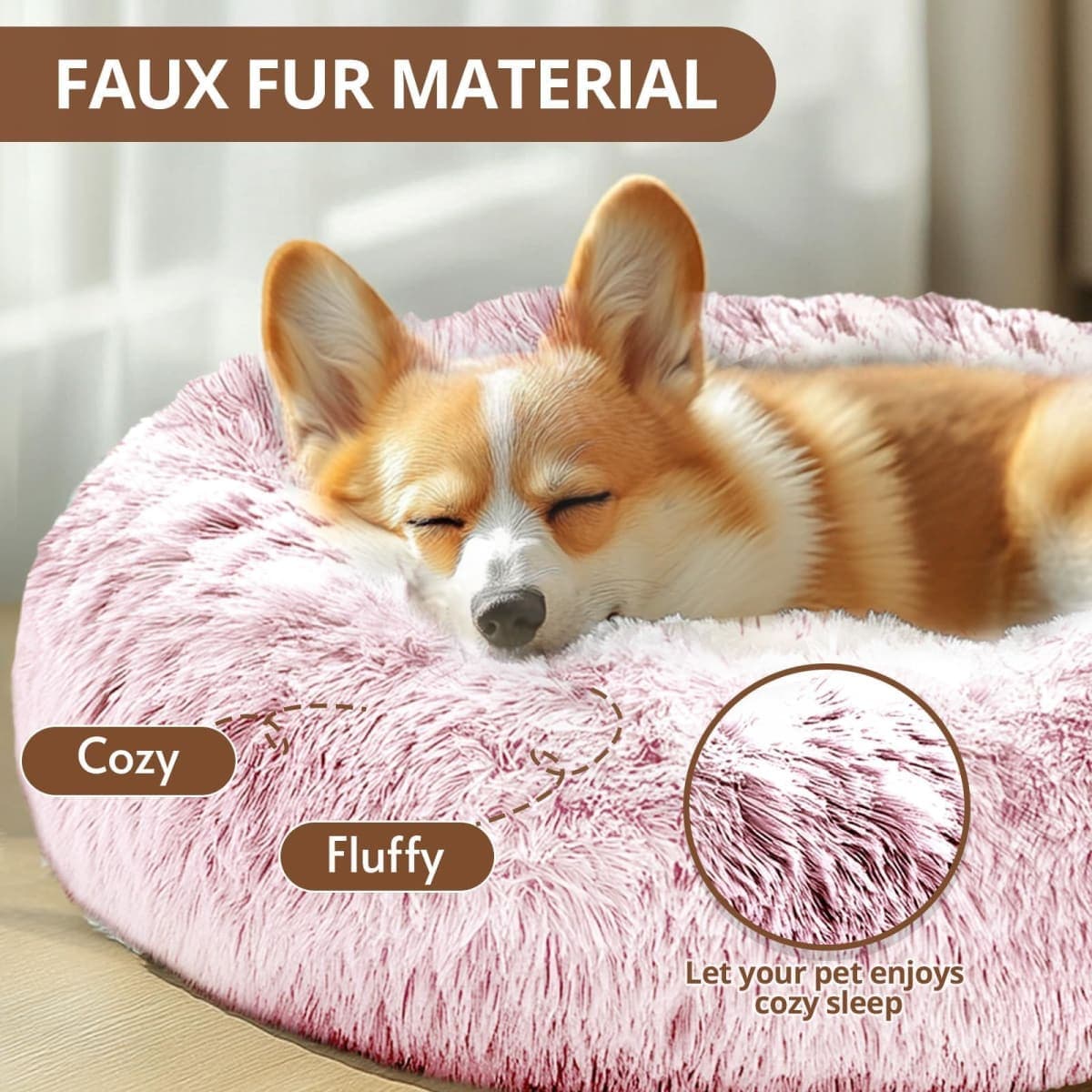 JOLLYVOGUE Calming Dog Bed for Small Dogs - 23 inches Donut Washable Small Dog Bed for Kittens & Puppies, Anti-Slip Round Fluffy Plush Faux Fur Cat Beds (Fits up to 25 lbs Pets, Smoke Pink) thumbnail 2