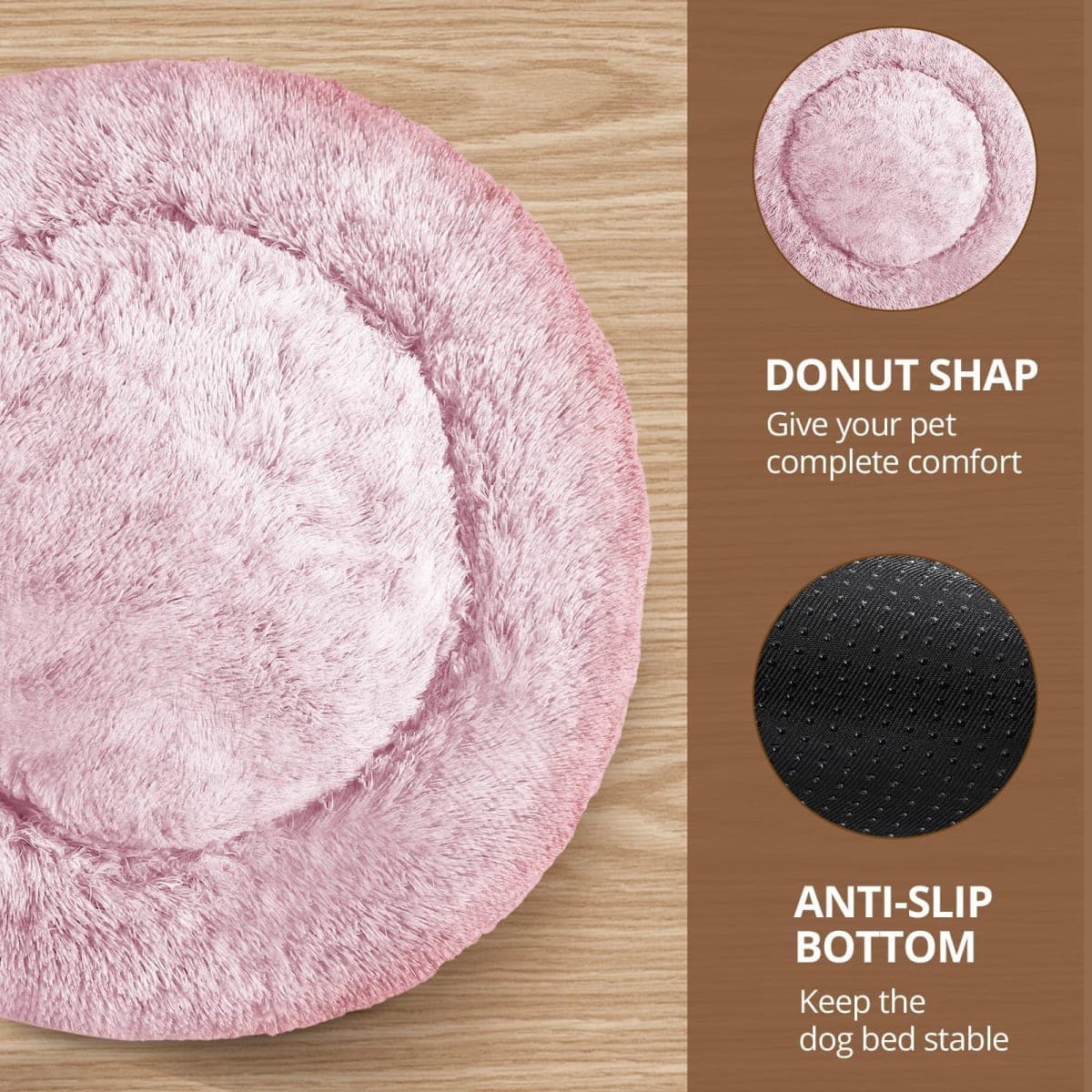 JOLLYVOGUE Calming Dog Bed for Small Dogs - 23 inches Donut Washable Small Dog Bed for Kittens & Puppies, Anti-Slip Round Fluffy Plush Faux Fur Cat Beds (Fits up to 25 lbs Pets, Smoke Pink) thumbnail 3