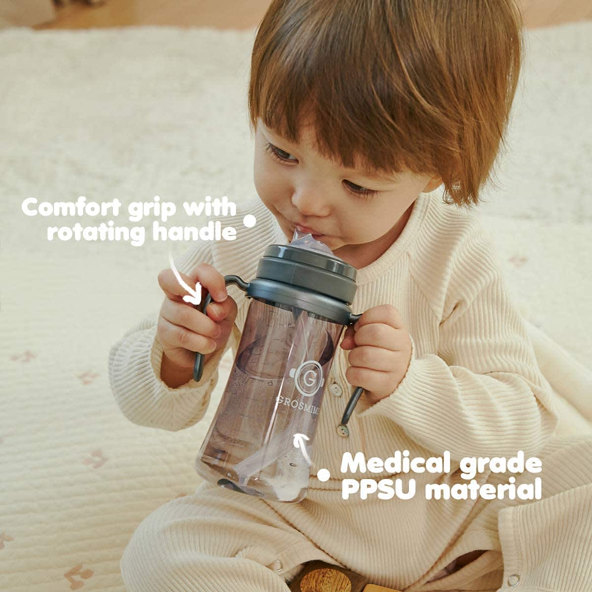Grosmimi PPSU Straw Cup, Sippy Cup 200ML with Handle for Baby and Toddlers from 6 Months, BPA Free (Sky Blue, Small, 6 oz) thumbnail 3