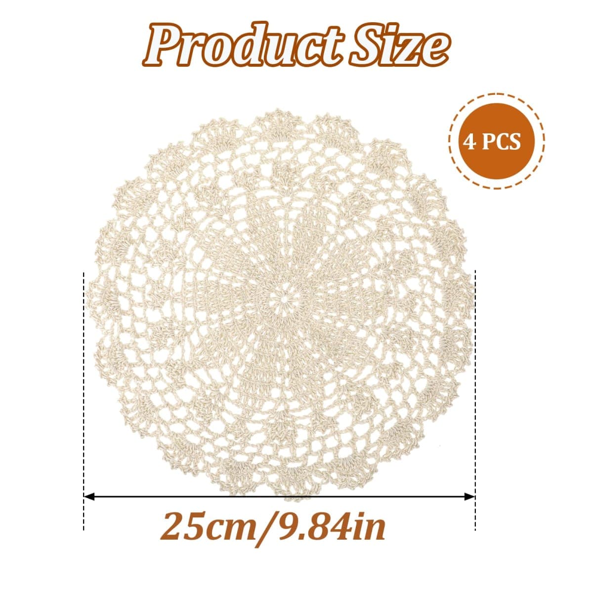 Crochet Doilies, 4 Pcs 10 Inch Beige Doilies for Tables Vintage Doilies for Furniture, Round Handmade Lace Placemats Knitted Tablecloth Corrugated Edge for Kitchen Dining Room Wedding Party Decor thumbnail 2