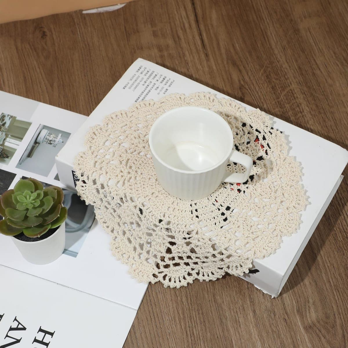 Crochet Doilies, 4 Pcs 10 Inch Beige Doilies for Tables Vintage Doilies for Furniture, Round Handmade Lace Placemats Knitted Tablecloth Corrugated Edge for Kitchen Dining Room Wedding Party Decor thumbnail 3