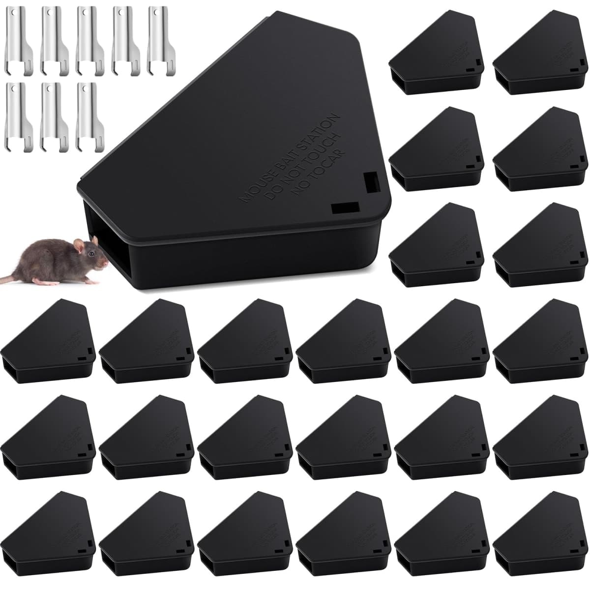 Qualirey 24 Pcs Mice Station with Key Triangle Mouse Station Lockable Reusable Bait Box, Enclosed Design for Indoor and Outdoor Use, Suitable for Small Mice (Black,Keys are Silver) — image 1