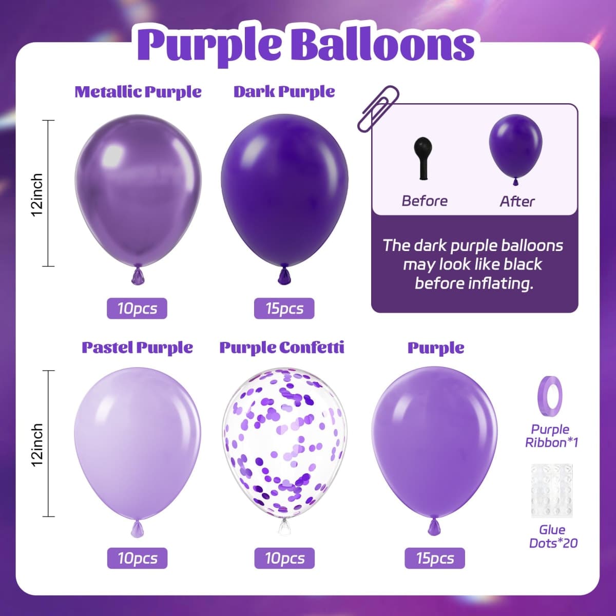 60pcs Purple Balloons 12 Inch with Metallic Pastel Dark Purple Confetti Balloons for Purple Birthday Wedding Baby Shower Party Decorations thumbnail 2