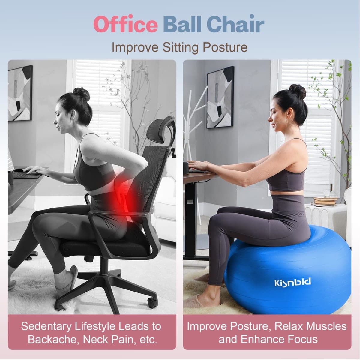 kisnbld Exercise Ball, Extra Thick Yoga Ball for Workout Pregnancy Stability, 4 Sizes Anti-Burst Balance Ball with Foot Pump - Heavy Duty Fitness Ball Chair for Office, Home & Gym thumbnail 3