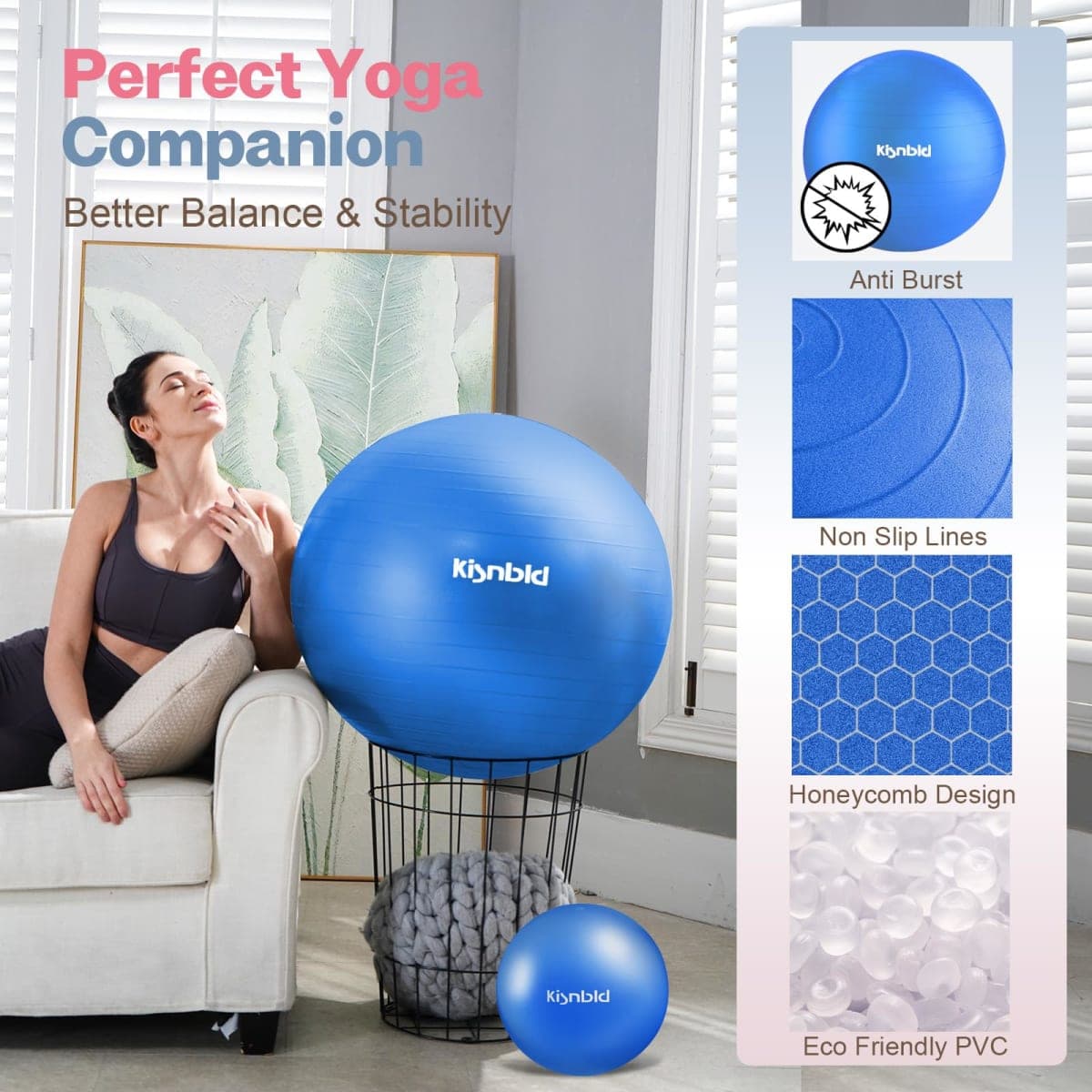 kisnbld Exercise Ball, Extra Thick Yoga Ball for Workout Pregnancy Stability, 4 Sizes Anti-Burst Balance Ball with Foot Pump - Heavy Duty Fitness Ball Chair for Office, Home & Gym thumbnail 4