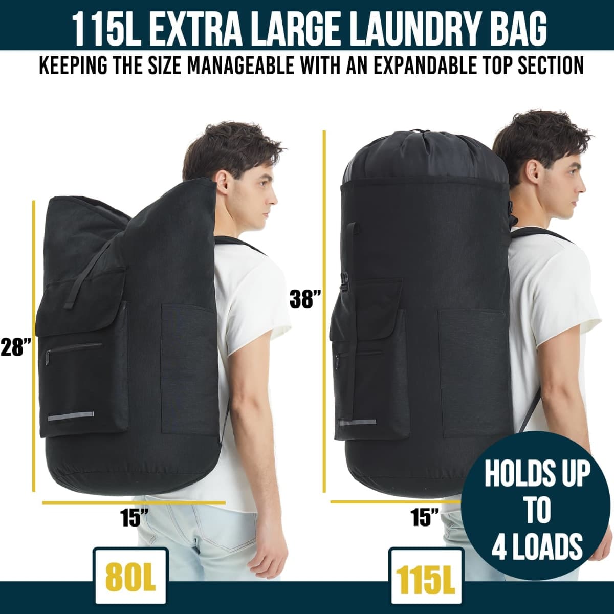 Laundry Bag Extra Large 115L, Laundry Backpack Bag, Laundry Bags Extra Large Heavy Duty, Laundry Bag with Straps, Clothes Hamper Bags with 4 Pockets, College Laundromat Backpack for Dorm Room thumbnail 2