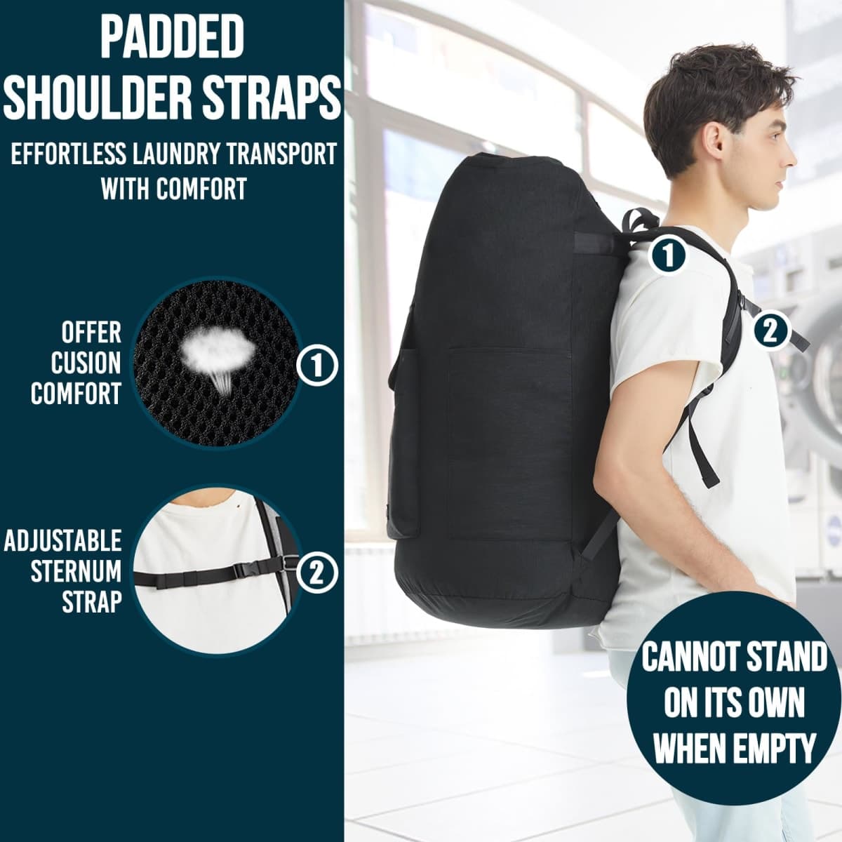 Laundry Bag Extra Large 115L, Laundry Backpack Bag, Laundry Bags Extra Large Heavy Duty, Laundry Bag with Straps, Clothes Hamper Bags with 4 Pockets, College Laundromat Backpack for Dorm Room thumbnail 3