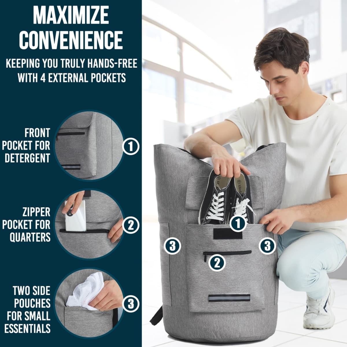 Laundry Bag Extra Large 115L, Laundry Backpack Bag, Laundry Bags Extra Large Heavy Duty, Laundry Bag with Straps, Clothes Hamper Bags with 4 Pockets, College Laundromat Backpack for Dorm Room thumbnail 4