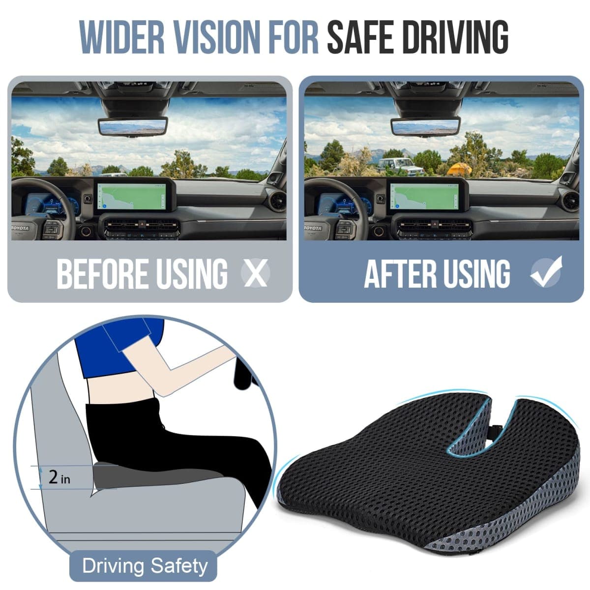Car Seat Cushion, Memory Foam Car Wedge Seat Cushion for Driving, Height Booster & Posture Support, 4D Mesh Seat Pad with Adjustable Straps - Universal Fit for Office/Vehicle thumbnail 4