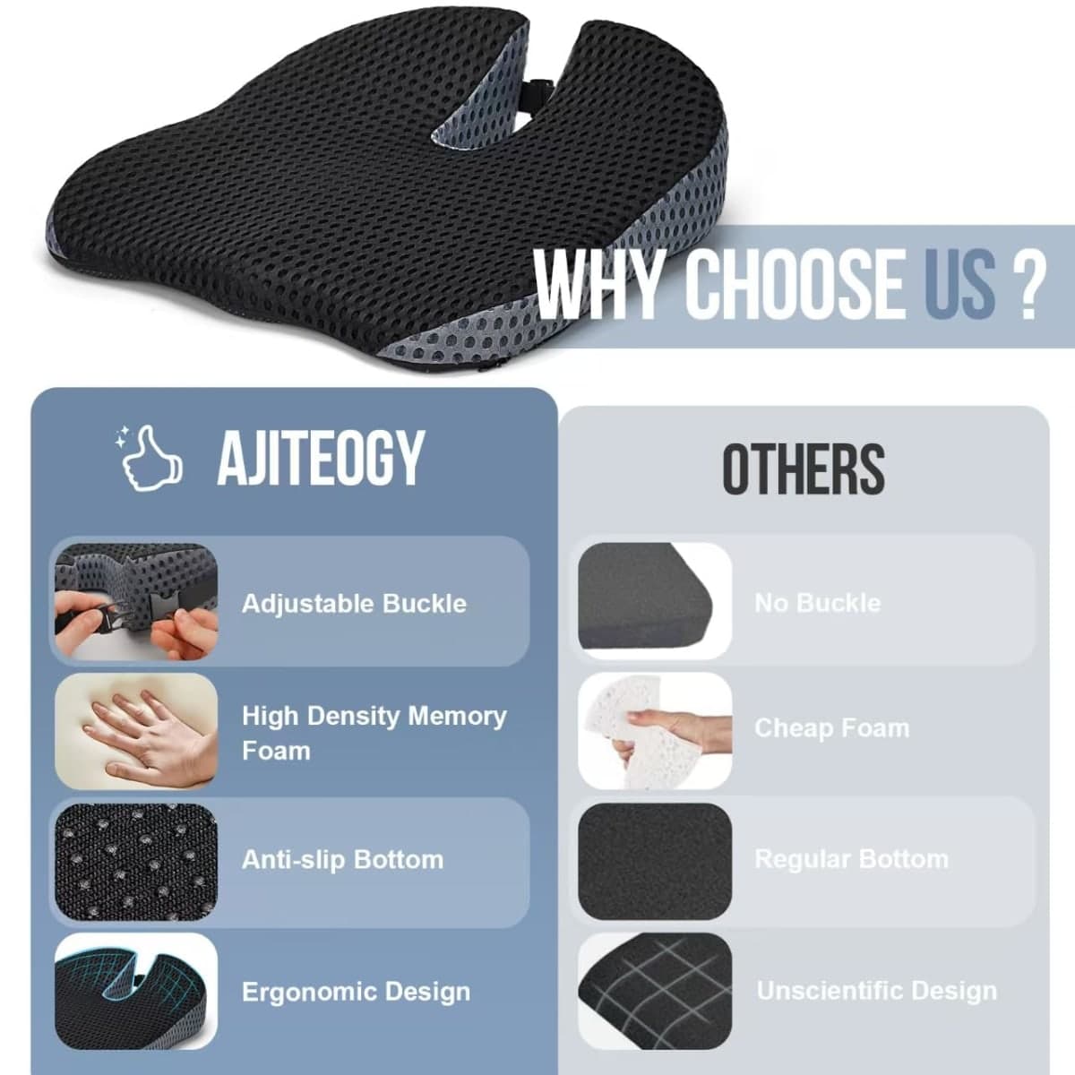 Car Seat Cushion, Memory Foam Car Wedge Seat Cushion for Driving, Height Booster & Posture Support, 4D Mesh Seat Pad with Adjustable Straps - Universal Fit for Office/Vehicle thumbnail 5