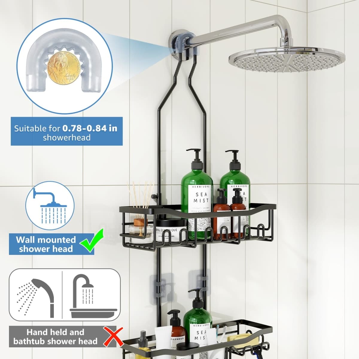 Joqixon Upgraded Extended Length Shower Organizer with Hooks, Rustproof Shampoo Soap Holder, Large Hanging Bathroom Caddy thumbnail 3
