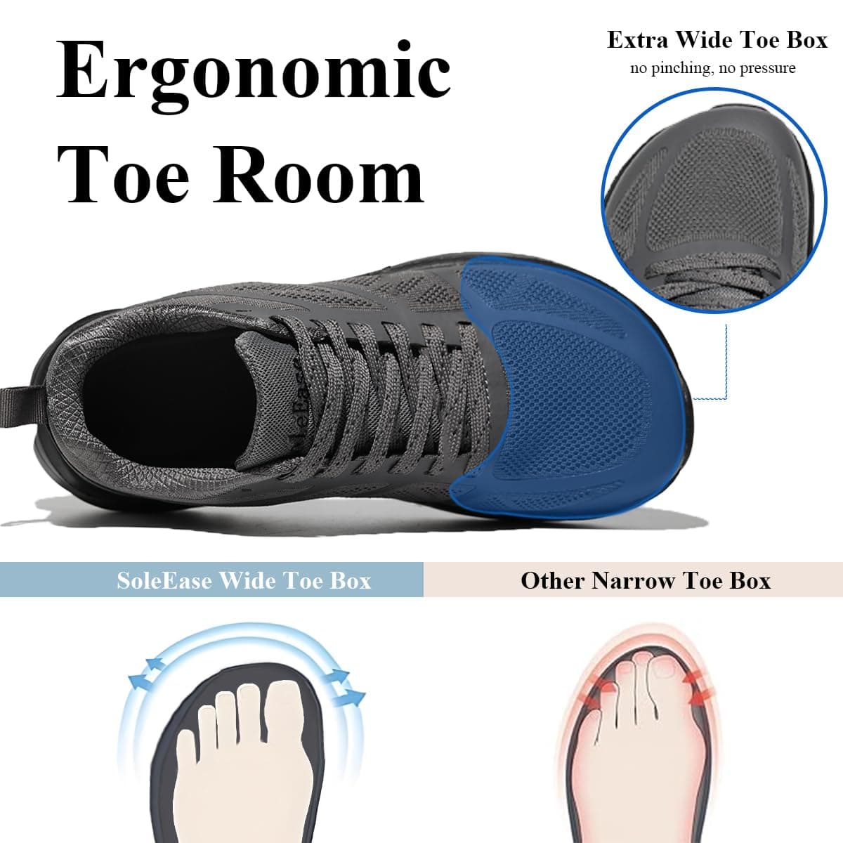 SoleEase Wide Toe Box Shoes for Men, Lightweight Non Slip Walking Sneakers with Barefoot Feel, Breathable Trail Gym Shoes, 510-grey, 12.5 Wide thumbnail 2