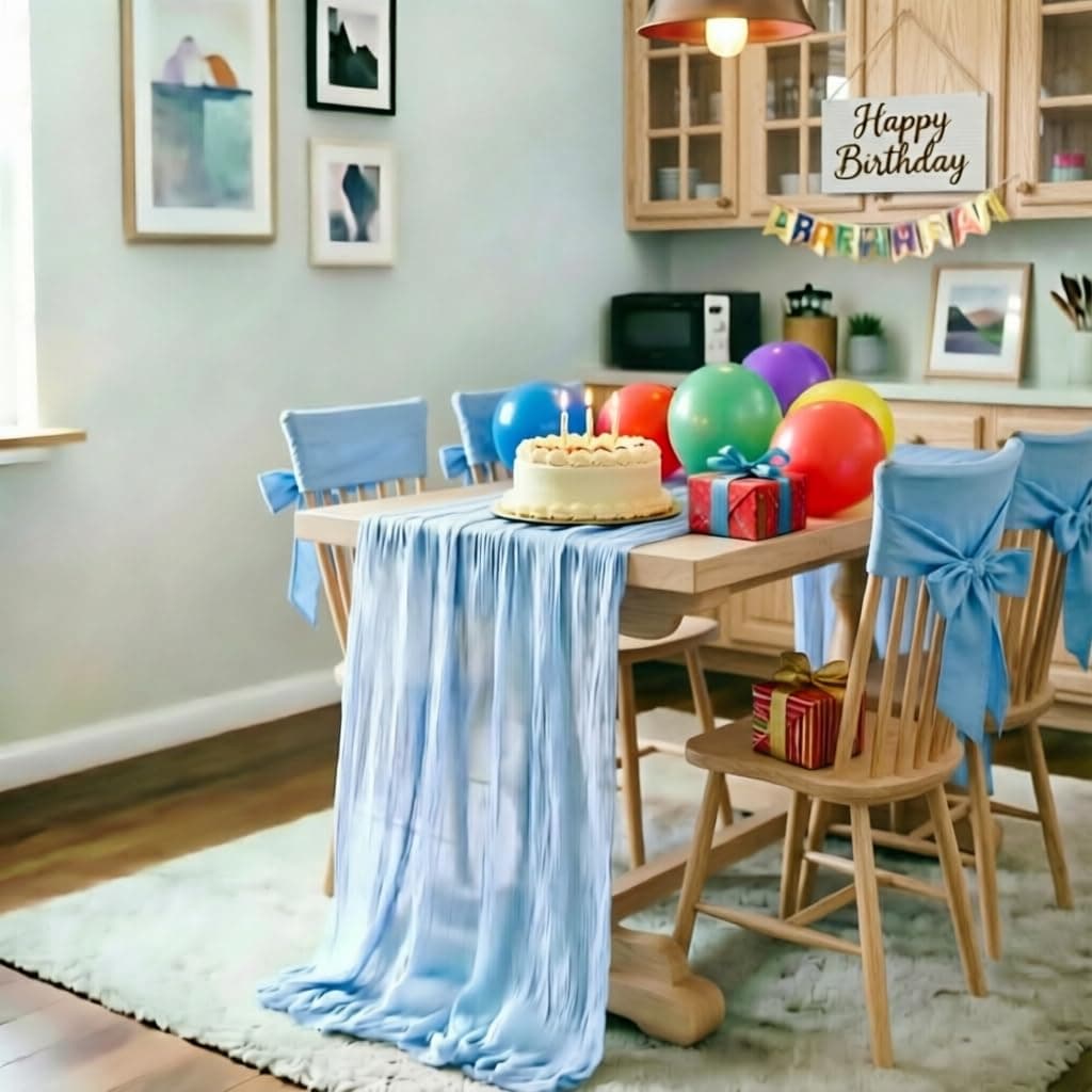 LINXTAR Light Blue Cheesecloth Table Runner 120 Inches 10Ft Gauze Summer Boho Table Runner for Wedding Tea Party Baby Shower Bridal Birthday Home Decoration thumbnail 3