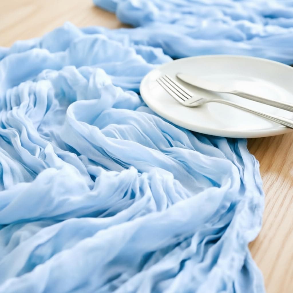 LINXTAR Light Blue Cheesecloth Table Runner 120 Inches 10Ft Gauze Summer Boho Table Runner for Wedding Tea Party Baby Shower Bridal Birthday Home Decoration thumbnail 4
