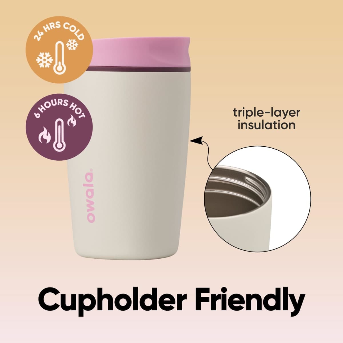 Owala SmoothSip Slider Insulated Stainless Steel Coffee Tumbler, Reusable Iced Coffee Cup, Hot Coffee Travel Mug, BPA Free 12 oz, Pink/Tan (Daybreak) thumbnail 3