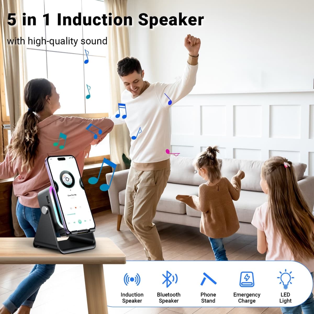 Induction Speaker with Phone Stand 5 in 1 Wireless Induction Bluetooth Audio for iPhone Android Phone Speakers Amplifier with Rechargeable Colorful Light, Birthday Gifts for Men Women Teens (Black) thumbnail 2