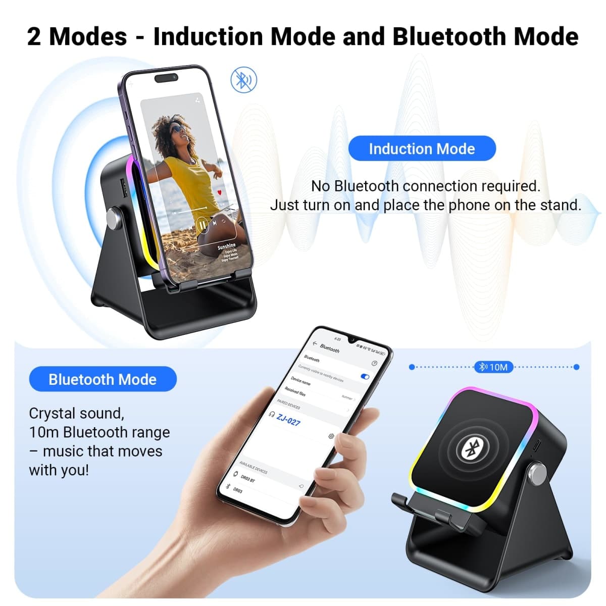 Induction Speaker with Phone Stand 5 in 1 Wireless Induction Bluetooth Audio for iPhone Android Phone Speakers Amplifier with Rechargeable Colorful Light, Birthday Gifts for Men Women Teens (Black) thumbnail 3