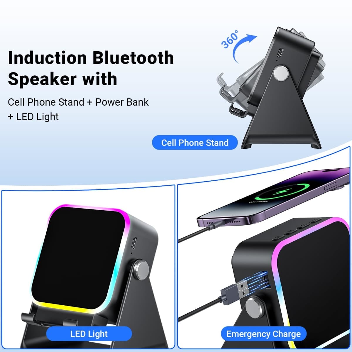 Induction Speaker with Phone Stand 5 in 1 Wireless Induction Bluetooth Audio for iPhone Android Phone Speakers Amplifier with Rechargeable Colorful Light, Birthday Gifts for Men Women Teens (Black) thumbnail 5