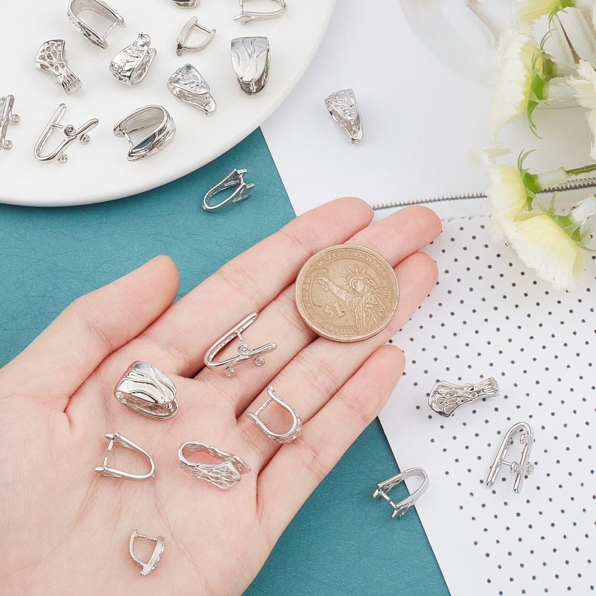 SUPERFINDINGS 24Pcs 6 Style Brass Pinch Bails Set Platinum Ice Pick Pinch Bails Bead Pendant Connector Jewelry Clasps Snap On Bails Pinch Hook for Jewelry Making thumbnail 3