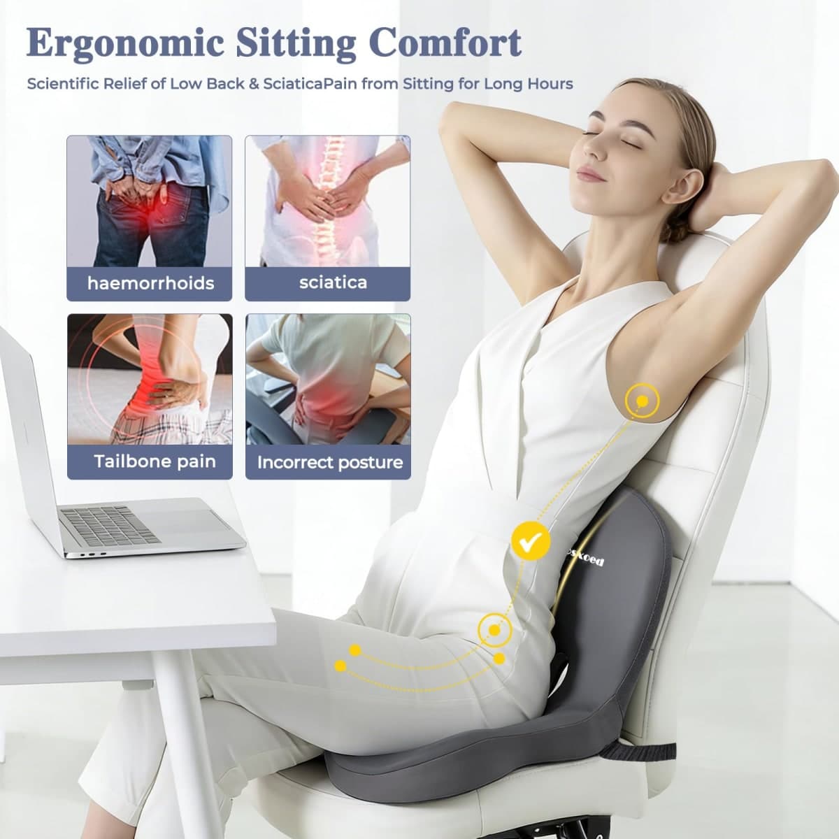 Mosxoed Memory Foam Seat Cushion for Sciatica & Back Pain Relief - Ergonomic Chair Pad with Adjustable Strap & Supportive Comfort Cover, Non-Slip for Car, Truck, Office Chair - Dark Gray thumbnail 2