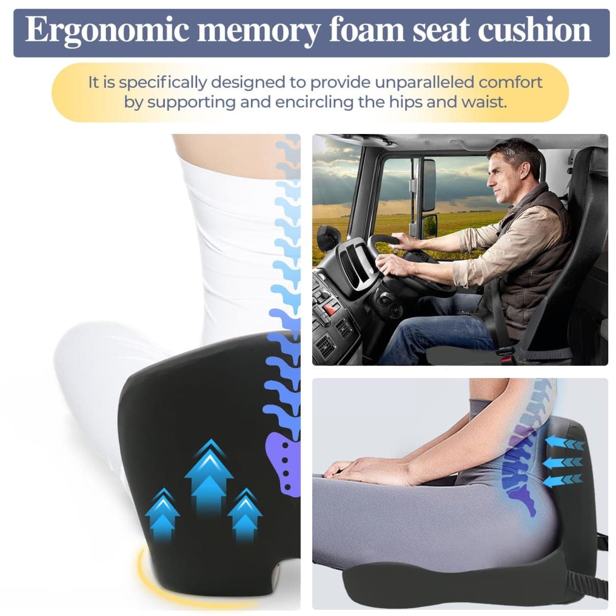 Mosxoed Memory Foam Seat Cushion for Sciatica & Back Pain Relief - Ergonomic Chair Pad with Adjustable Strap & Supportive Comfort Cover, Non-Slip for Car, Truck, Office Chair - Dark Gray thumbnail 3