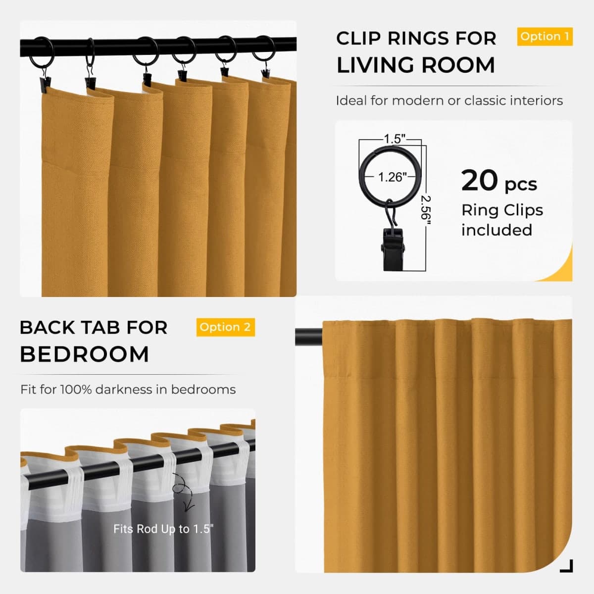 INOVADAY 100% Blackout Curtains for Bedroom, Mustard Yellow Black Out Curtains 96 Inch Long, Clip Rings Linen Blackout Drapes, Thermal Insulated Room Darkening for Living Room, 2 Panels - W50xL96 thumbnail 3