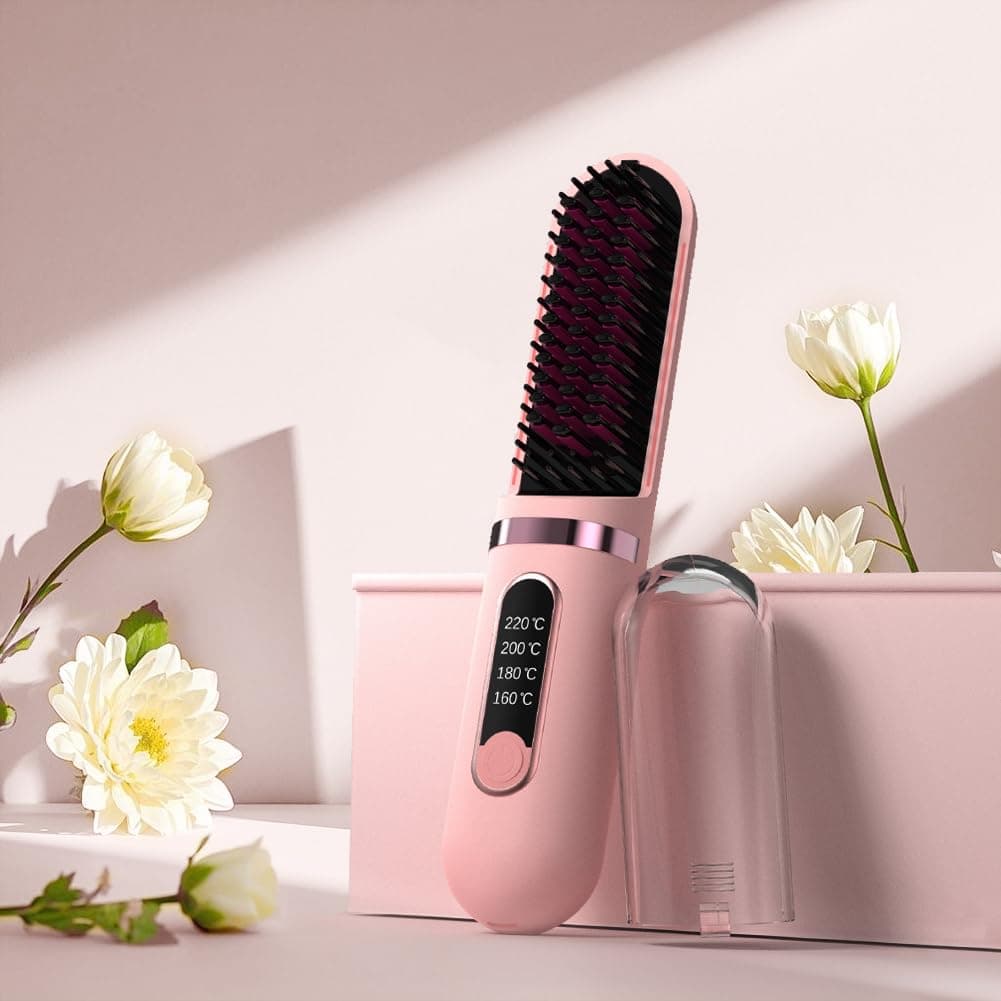 Cordless Hair Straightener Brush, Portable Straightening Brush for Women, Mini Negative Ion Hot Comb for Travel, 30Mins Auto-Off, USB Rechargeable, Fast Heating 4 Temperature Settings(Pink) — image 1