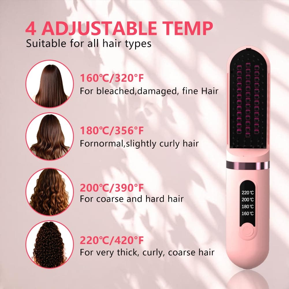 Cordless Hair Straightener Brush, Portable Straightening Brush for Women, Mini Negative Ion Hot Comb for Travel, 30Mins Auto-Off, USB Rechargeable, Fast Heating 4 Temperature Settings(Pink) thumbnail 2