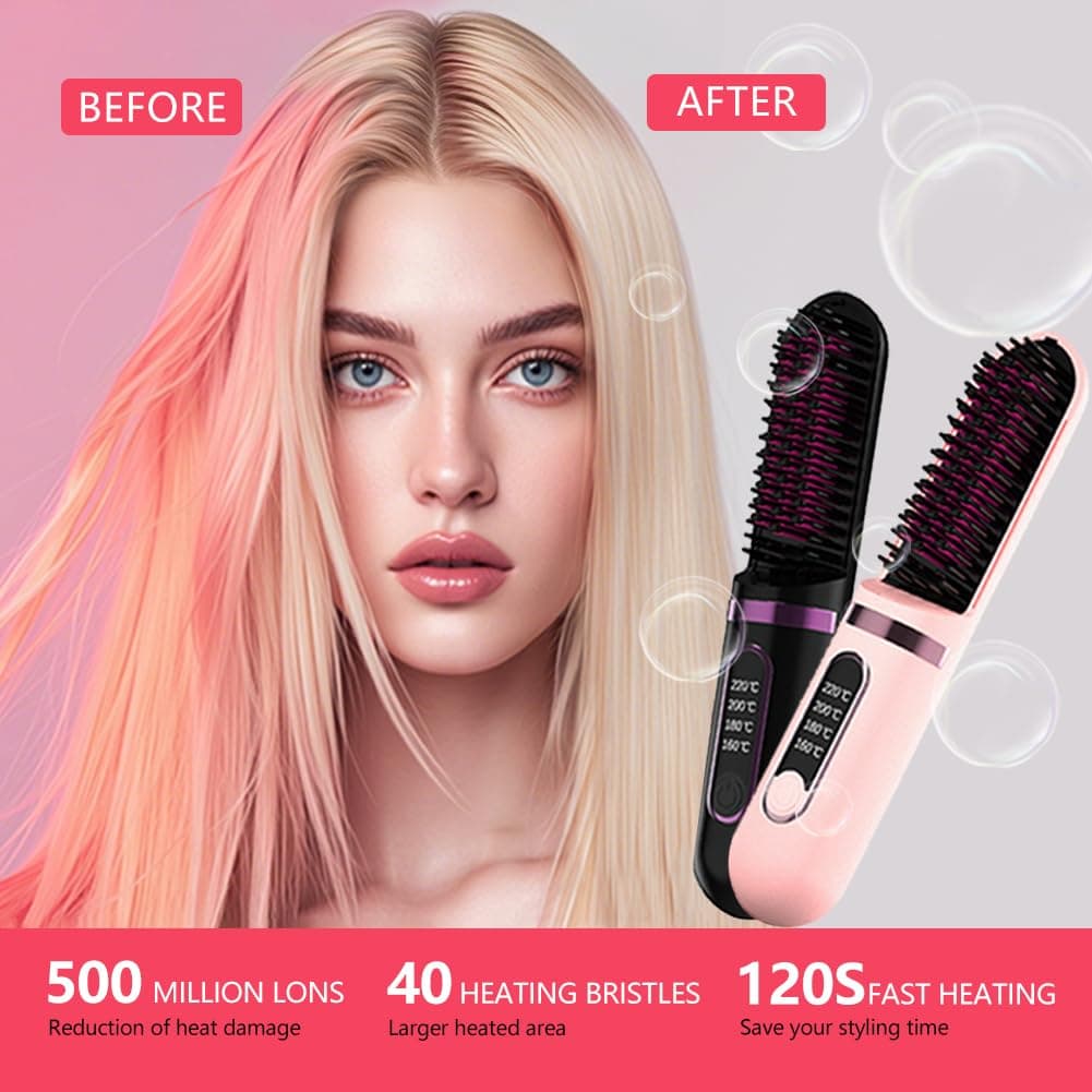 Cordless Hair Straightener Brush, Portable Straightening Brush for Women, Mini Negative Ion Hot Comb for Travel, 30Mins Auto-Off, USB Rechargeable, Fast Heating 4 Temperature Settings(Pink) thumbnail 3
