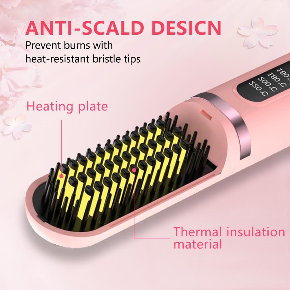 Cordless Hair Straightener Brush, Portable Straightening Brush for Women, Mini Negative Ion Hot Comb for Travel, 30Mins Auto-Off, USB Rechargeable, Fast Heating 4 Temperature Settings(Pink) thumbnail 5