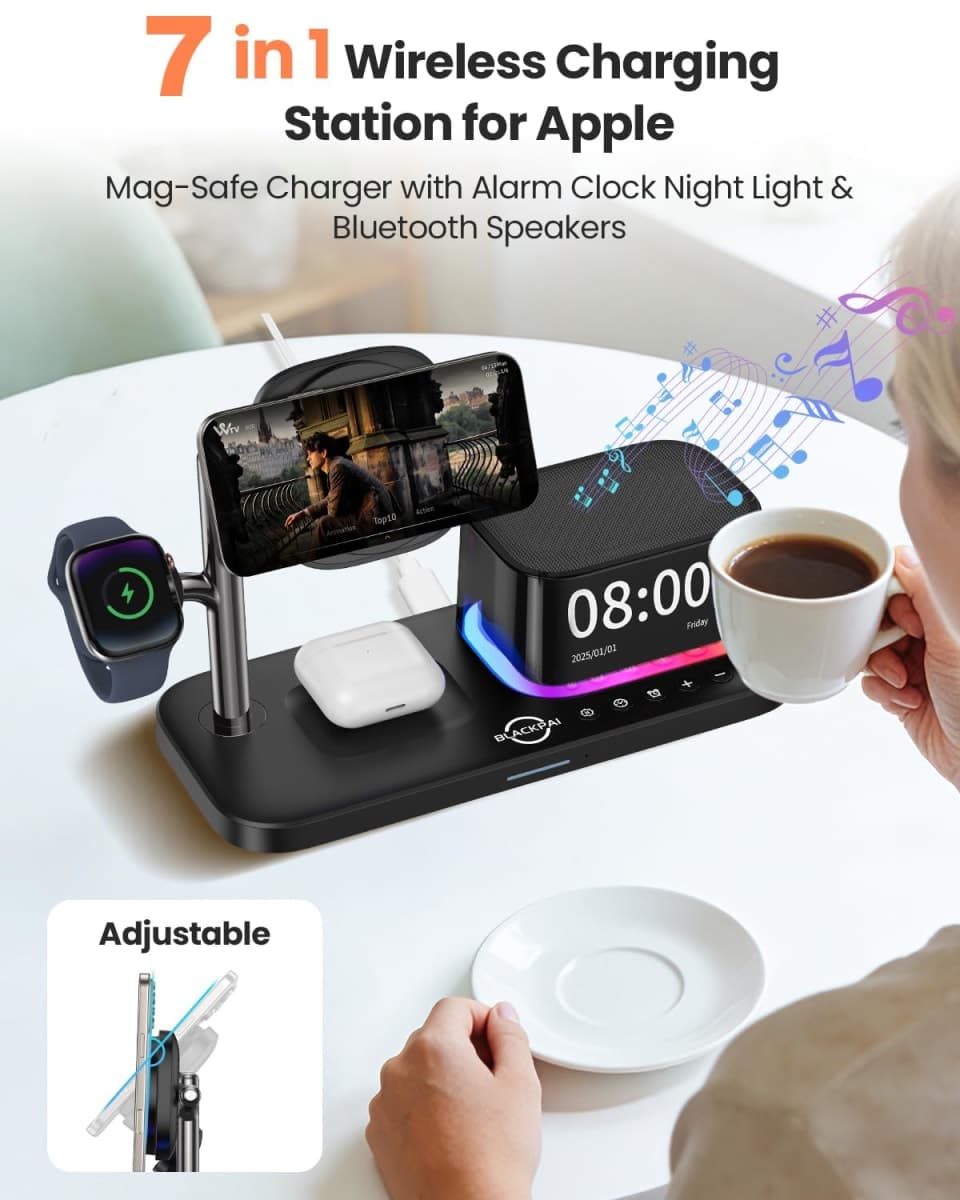 7-in-1 Wireless Charging Station for Multiple Apple Devices Bluetooth Speaker Alarm Clock Night Light, Qi2.2 Mag-Safe Charger Stand for iPhone 17/16/15 Pro Max Apple Watch Airpods 45W Adapter Included thumbnail 2