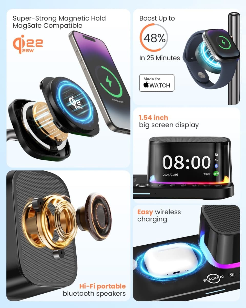 7-in-1 Wireless Charging Station for Multiple Apple Devices Bluetooth Speaker Alarm Clock Night Light, Qi2.2 Mag-Safe Charger Stand for iPhone 17/16/15 Pro Max Apple Watch Airpods 45W Adapter Included thumbnail 4
